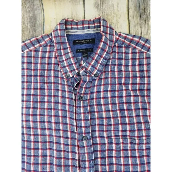 Banana Republic Button Up Shirt Mens Size L Plaid Short Sleeves Camden Fit Linen - Picture 3 of 11